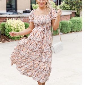 Pink Lily Make It Your Own Brown Smocked Bust Midi Dress Size Small